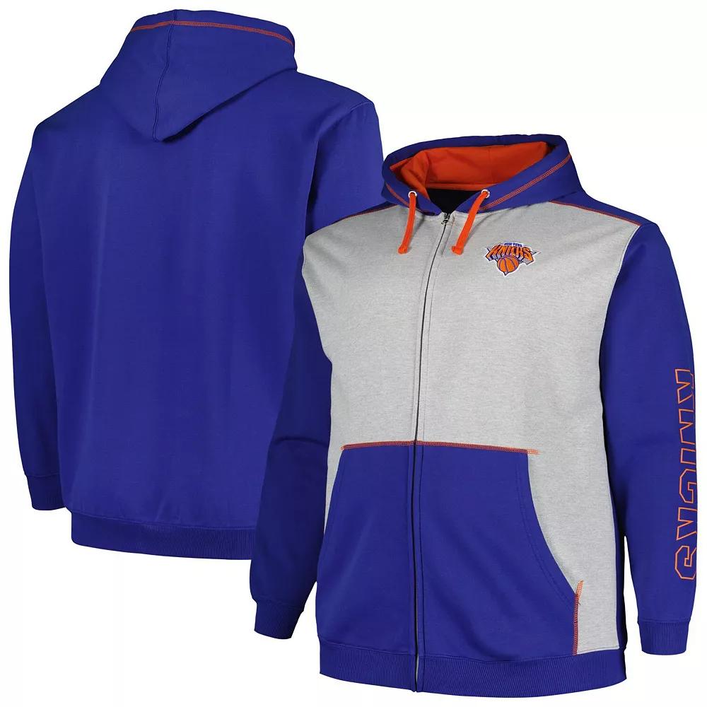 Men's Fanatics Branded Blue/Heather Gray New York Knicks Big & Tall Contrast Pieced Stitched Full-Zip Hoodie, Size: 2XB Product Image