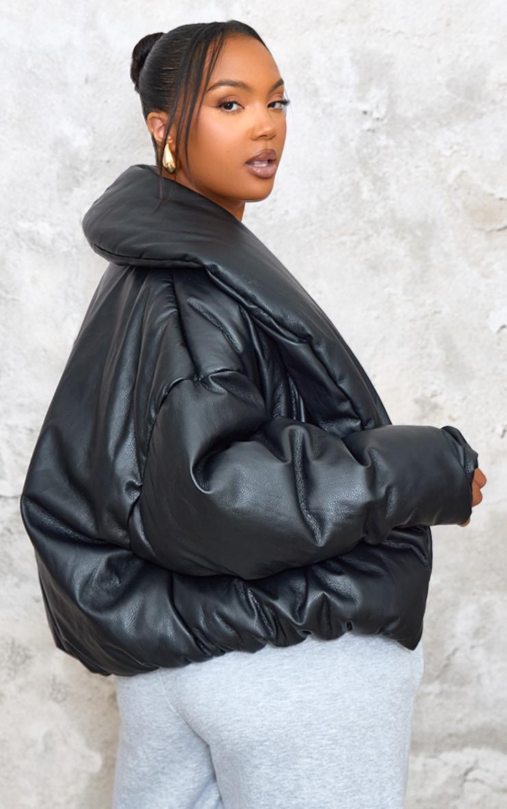 Plus Deep Black Exaggerated Collar PU Cropped Puffer Coat Product Image