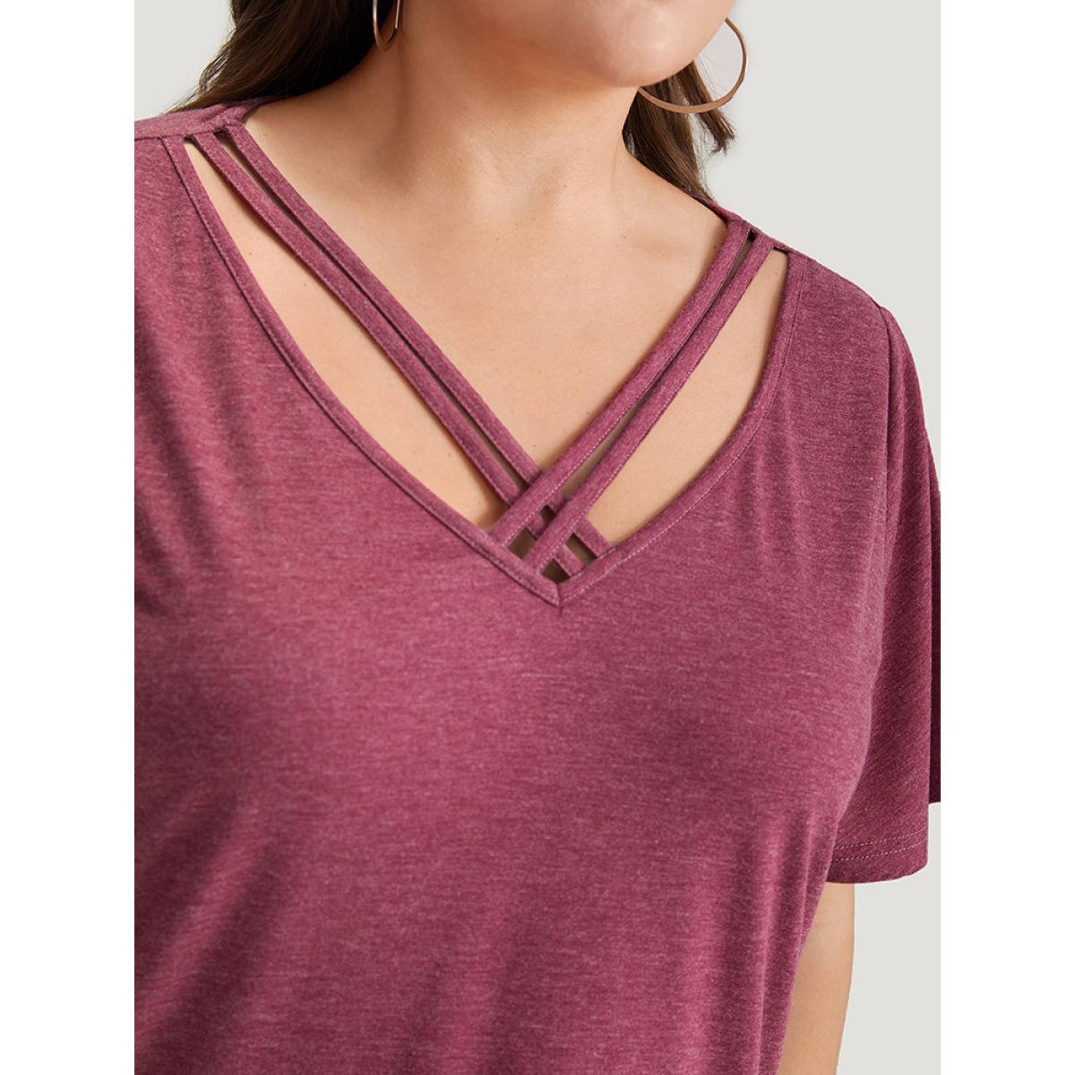 Plus Size Plain Ruffle Sleeve Heather Crisscross Neck T-shirt RedViolet Women Casual Heather Plain V-neck Dailywear T-shirts BloomChic 26/4X Product Image