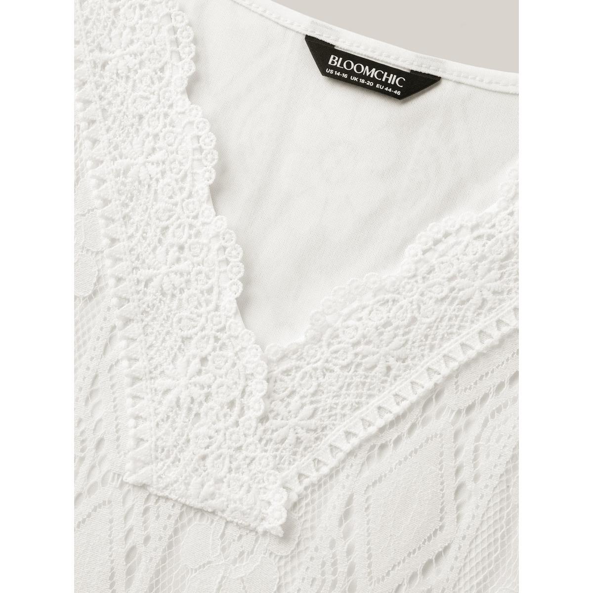 Plus Size V Neck Lace Mesh Plain T-Shirt Originalwhite Women Woven ribbon&lace trim V-neck Bodycon Everyday-Elegant T-shirts BloomChic 14-16/1X Product Image
