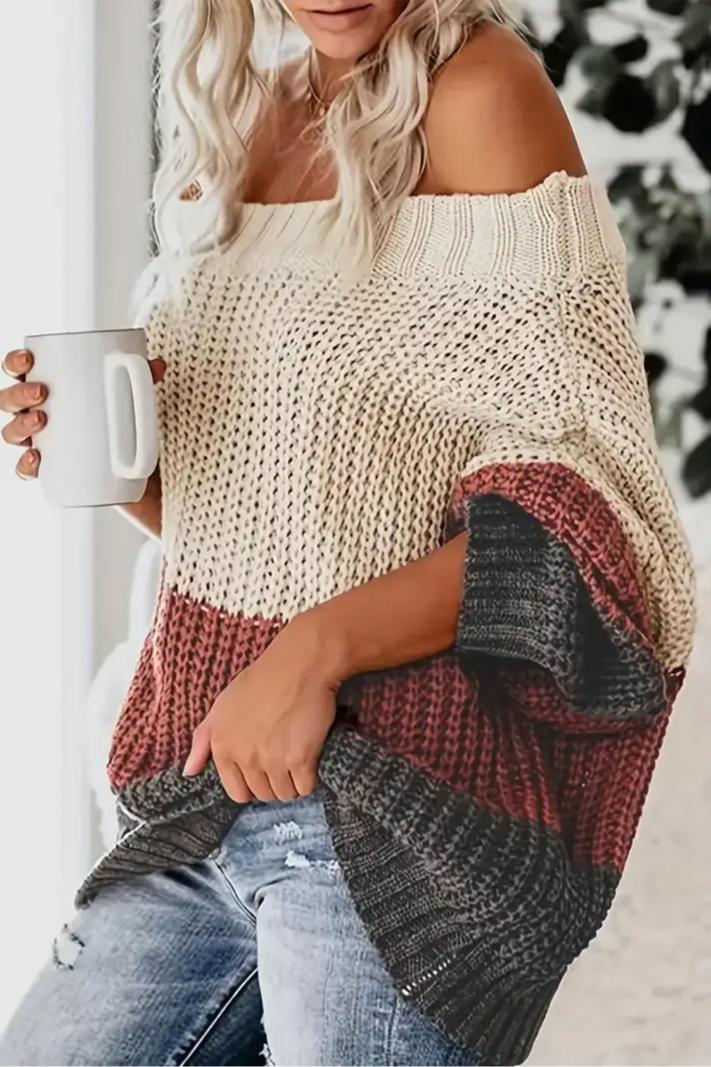 OFF THE SHOULDER COLOR BLOCK KNIT SWEATER Product Image