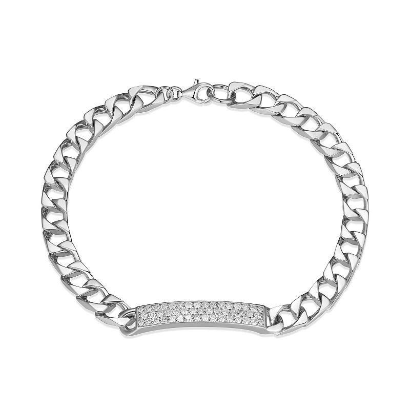 Men's Sterling Silver Pave Cubic Zirconia Curb ID Bracelet, Size: 8.5" Product Image