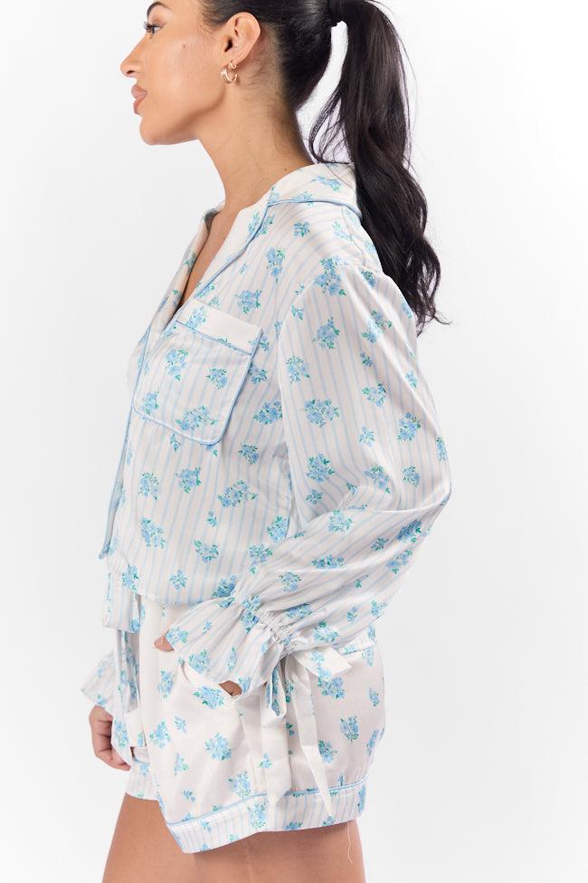 Sleep On My Side Blue Floral Satin Long Sleeve Pajama Top FINAL SALE Product Image