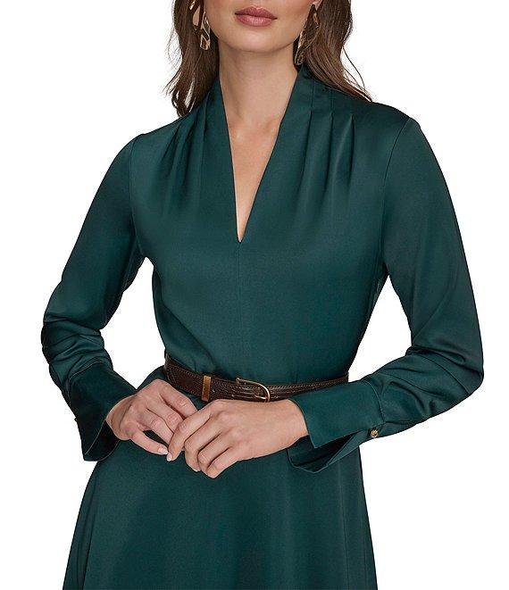 Donna Karan Long Sleeve Belted Satin A-Line Midi Dress Product Image