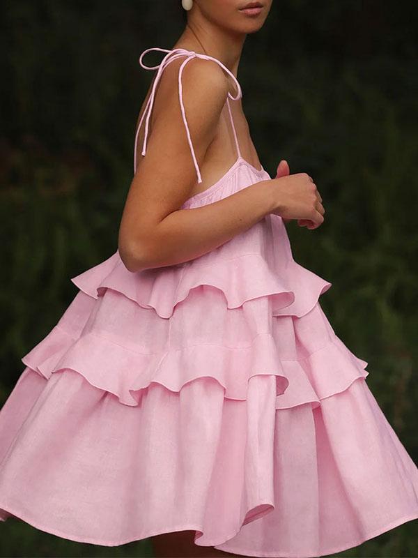 High Waisted Loose Backless Layered Pleated Solid Color Tied Spaghetti-Neck Mini Dresses Product Image