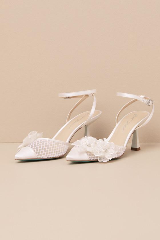 SB-Susie Ivory Mesh Applique Ankle Strap Pumps Product Image