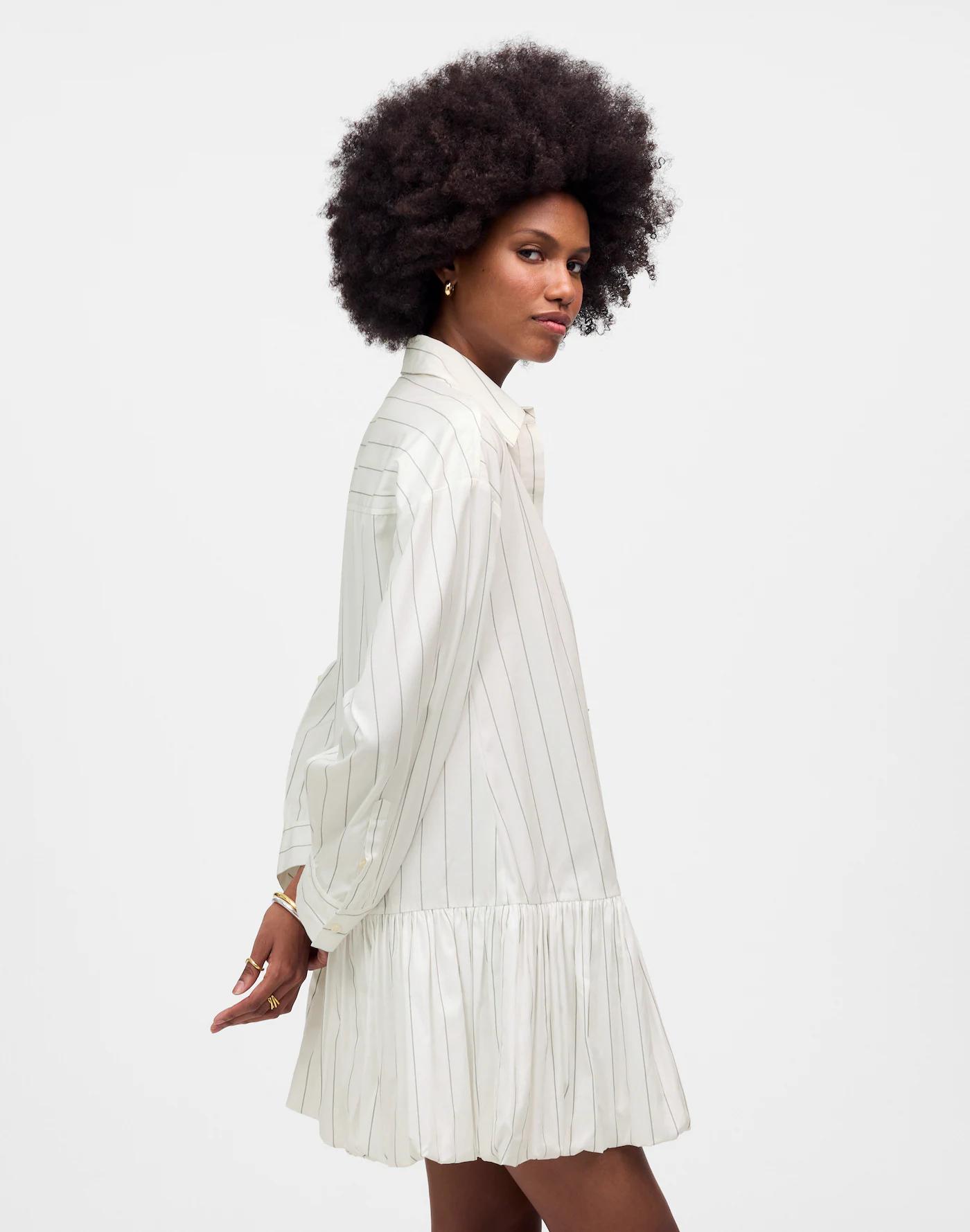 Bubble-Hem Mini Shirtdress in Pinstripe Poplin Product Image