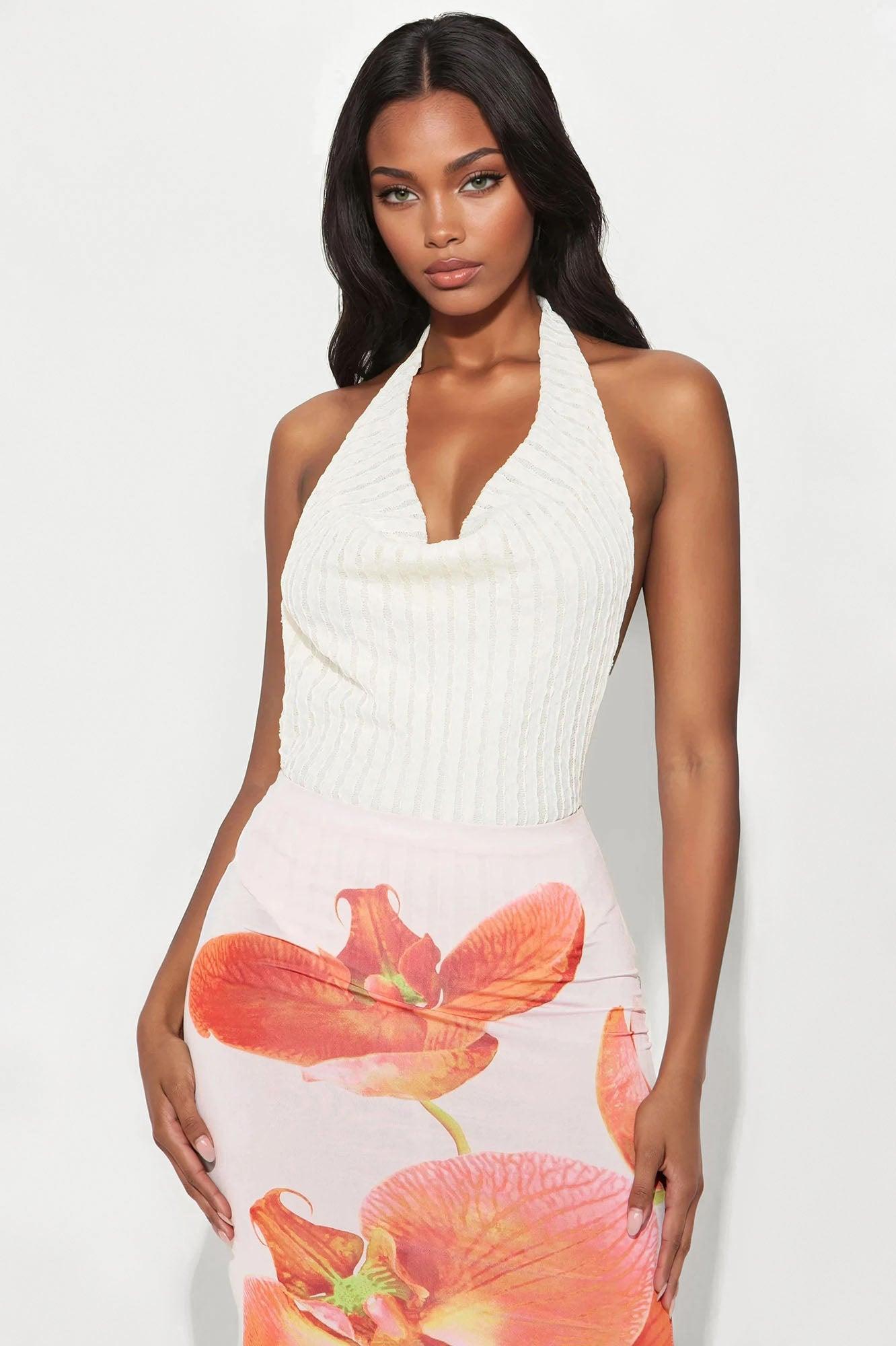 Daisy Cowl Neck Halter Bodysuit - Beige Female Product Image