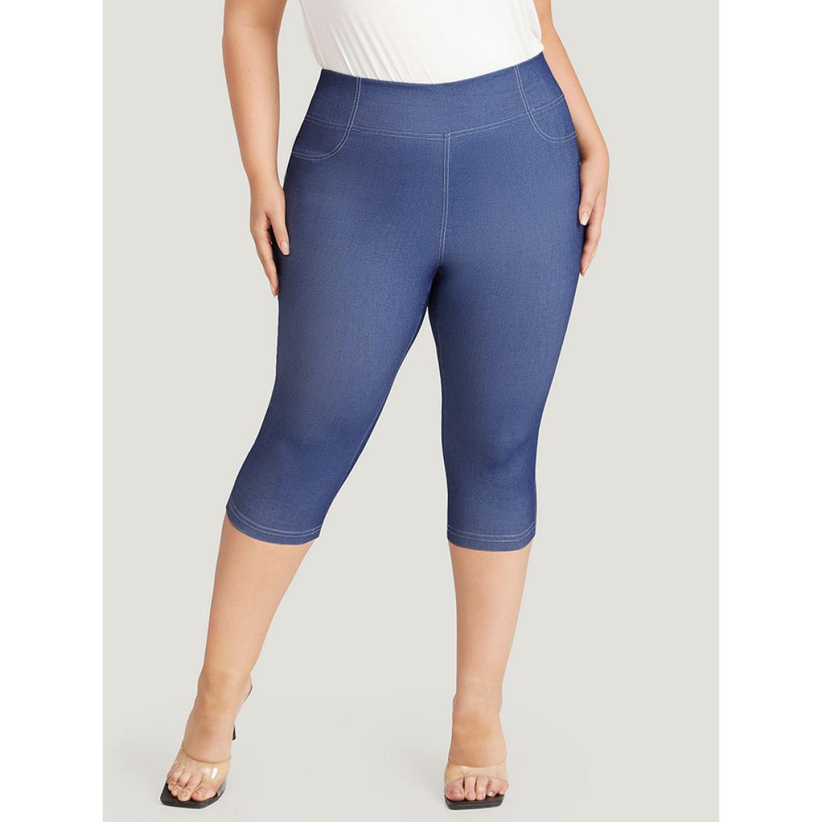 Plus Size Solid Stitch Wideband Waist High Rise Leggings Women Blue Casual High stretch Skinny High Rise Dailywear Leggings BloomChic 10/M Product Image