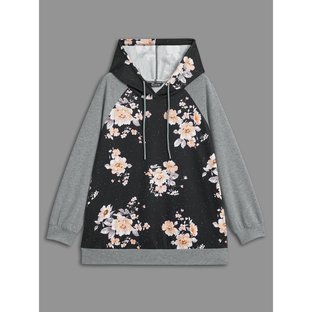 Plus Size Floral Patchwork Hooded Drawstring Sweatshirt Women DarkGray Casual Contrast Hooded Everyday Sweatshirts BloomChic 10/M Product Image
