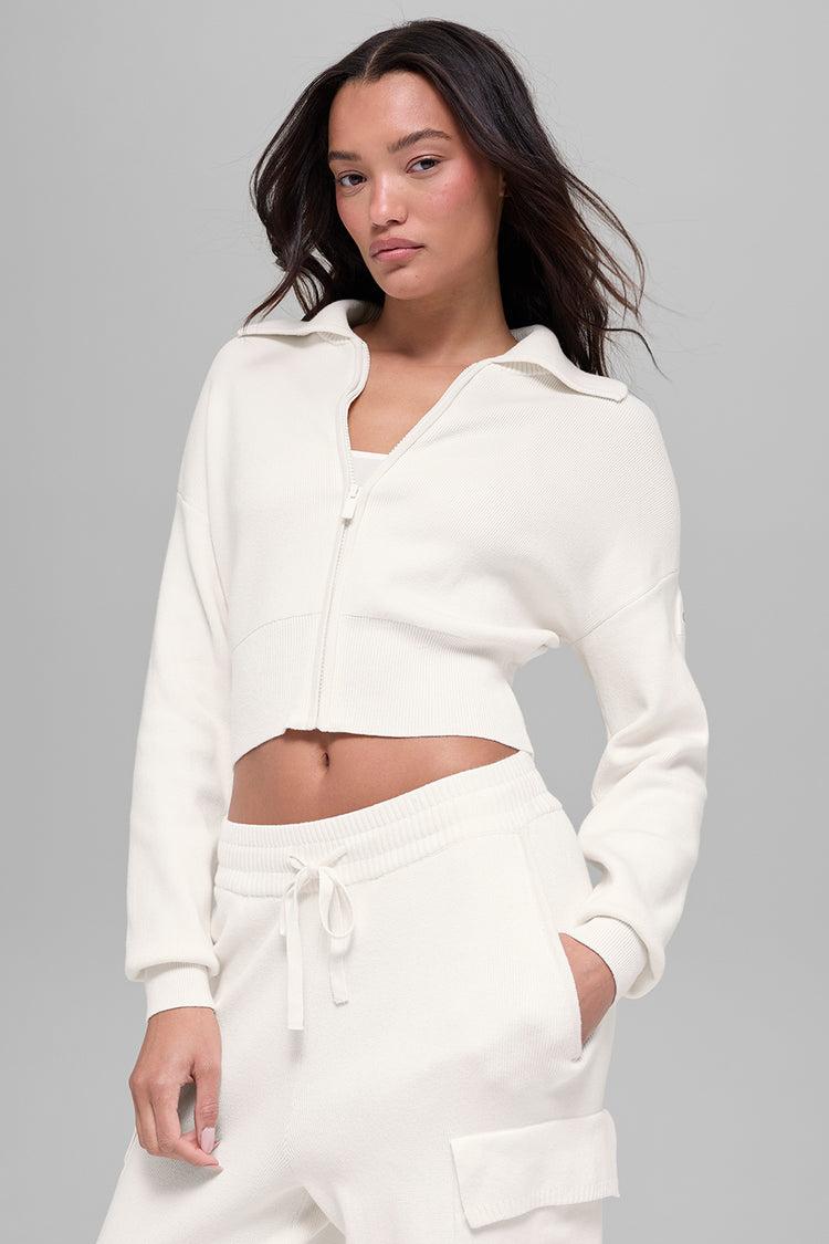 Scholar Knit Cropped Full Zip Jacket - Ivory Product Image