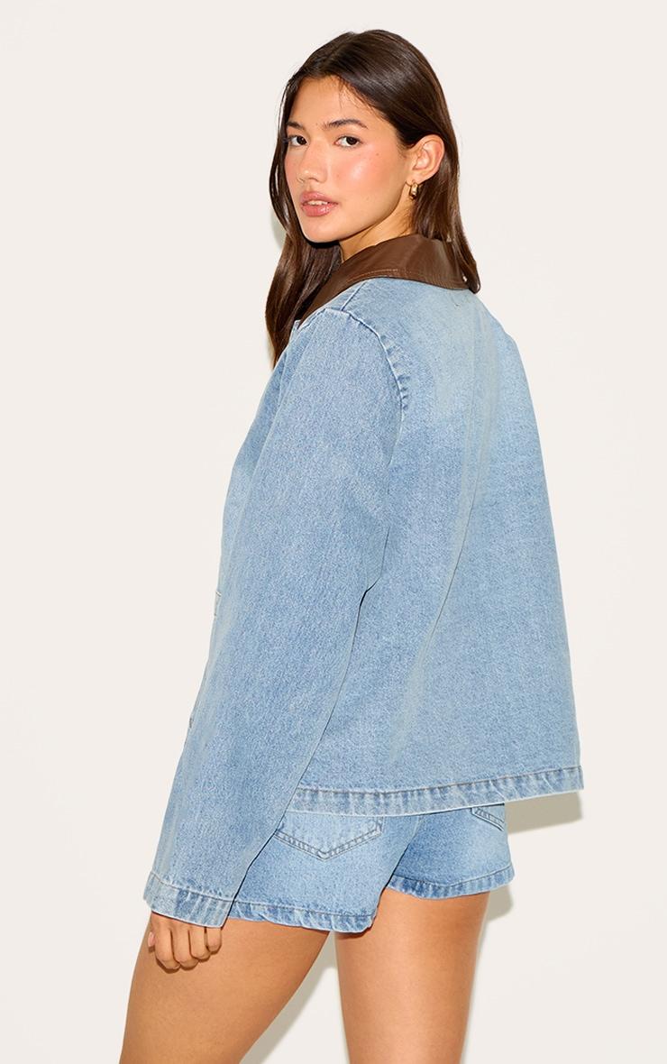 Light Vintage Blue Brown Collar Denim Jacket Product Image