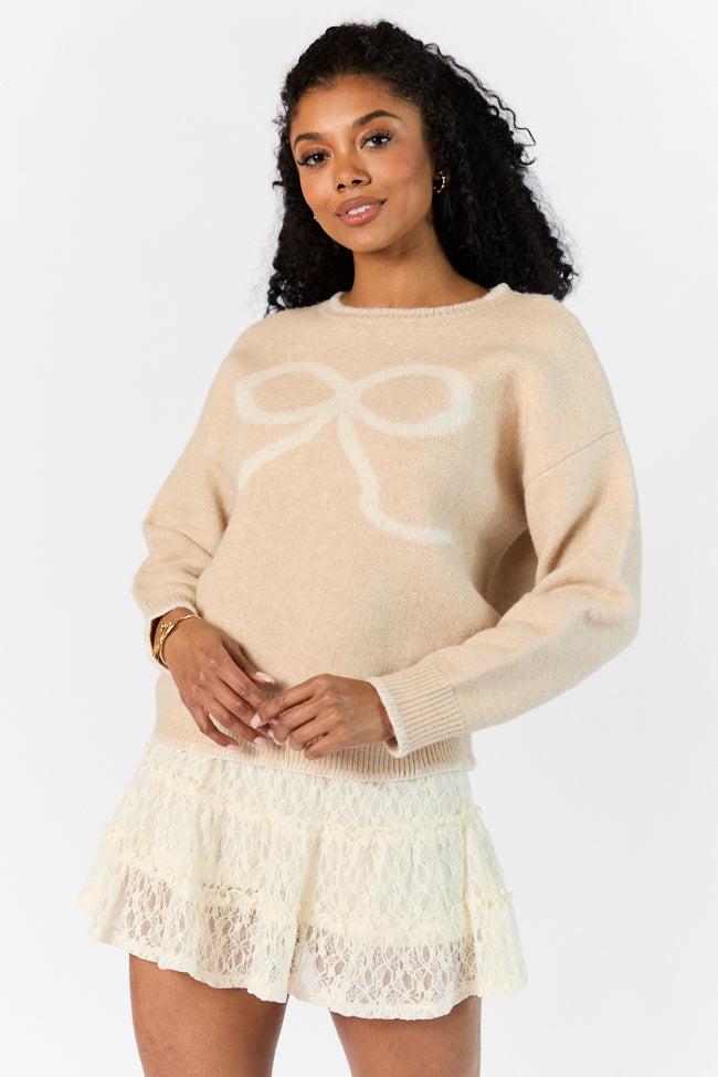 Peek- A-Bow Beige and Ivory Crew Neck Sweater FINAL SALE Product Image