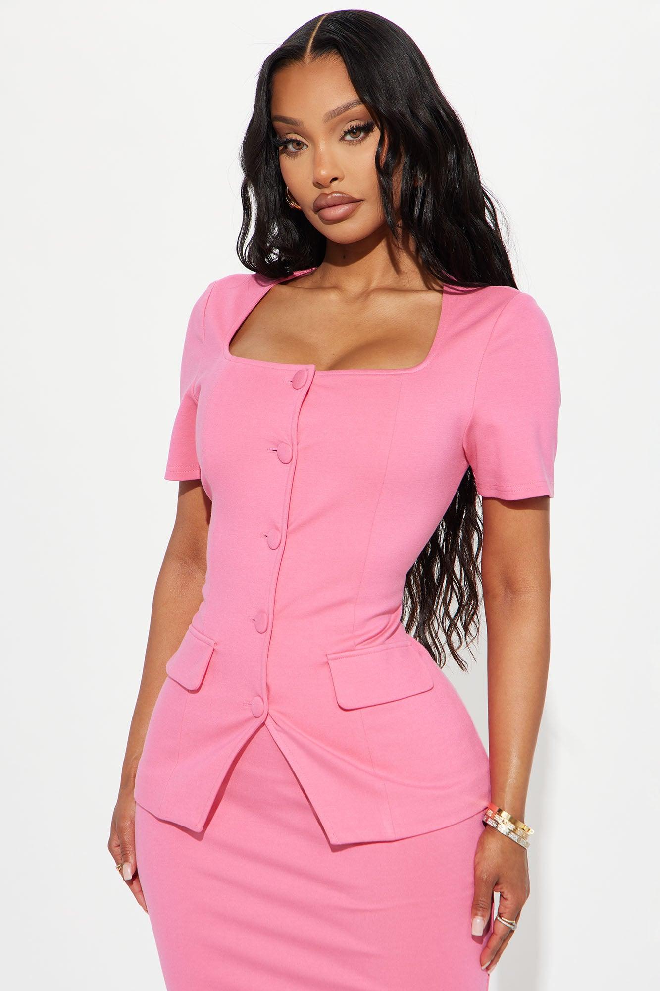 The Mia Double Lined Ponte Button Front Skirt Set - Pink Product Image