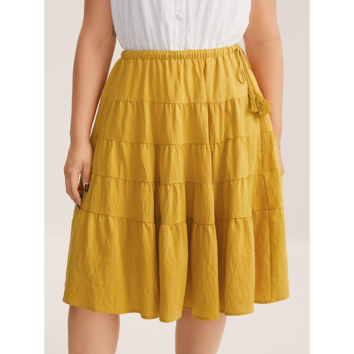 Plus Size Tassel Tie Tiered Midi Skirt Women Lemonyellow Side seam pocket Everyday-Casual Skirts BloomChic 22-24/3X Product Image