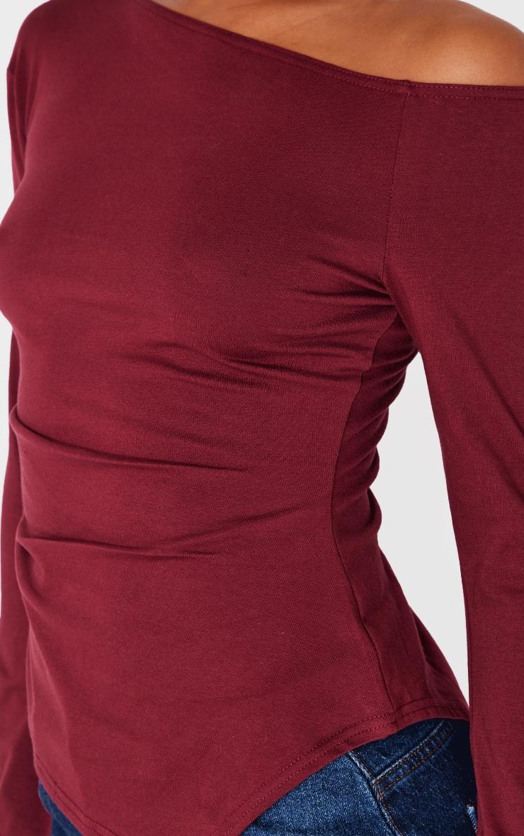 Burgundy Cotton Ruched Side Long Sleeve Top Product Image