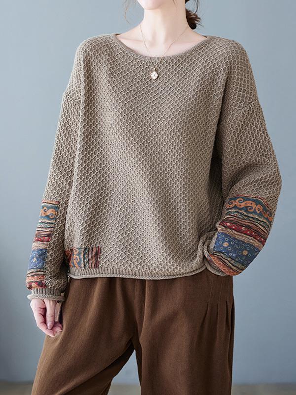 Long Sleeves Loose Printed Split-Joint Round-Neck Pullovers Sweater Tops Product Image