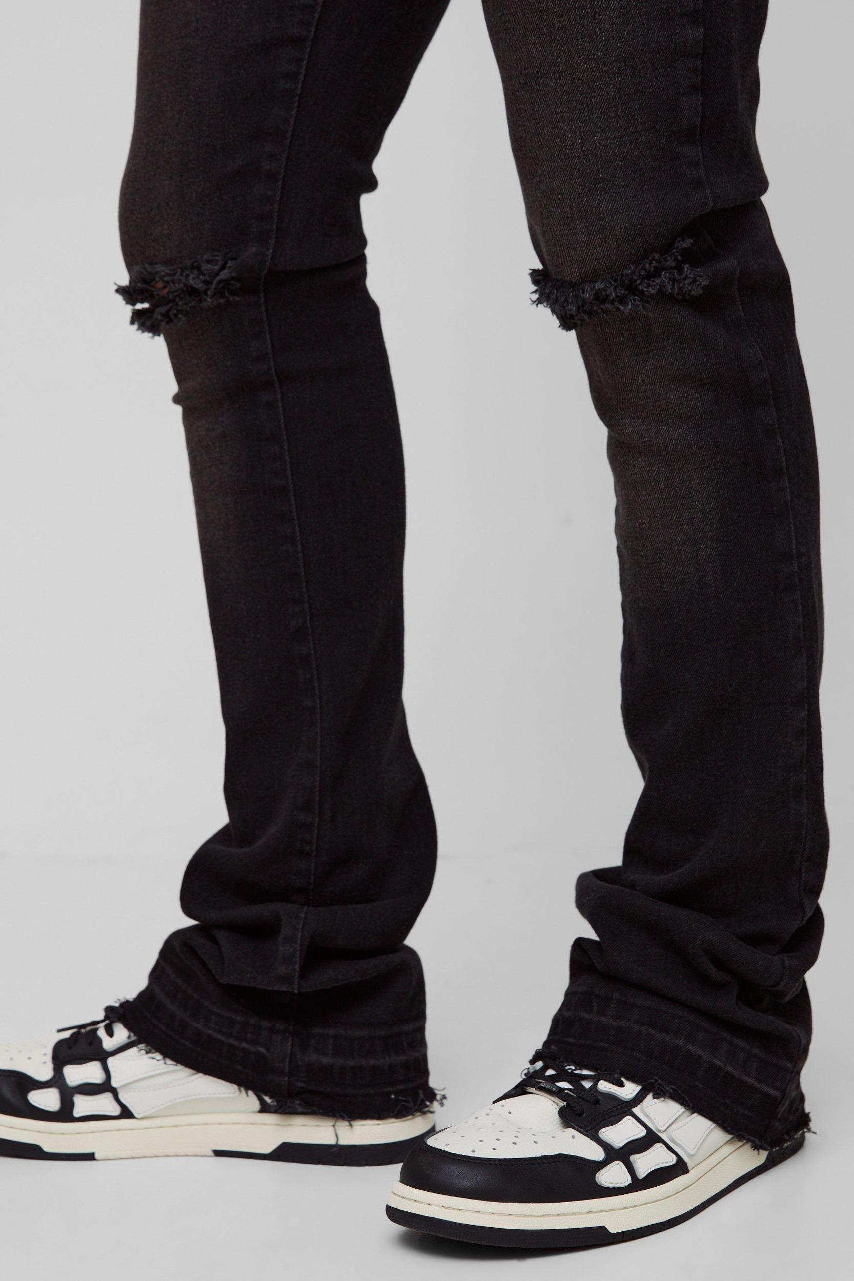 Skinny Stacked Flared Ripped Knee Jeans | boohooMAN USA Product Image