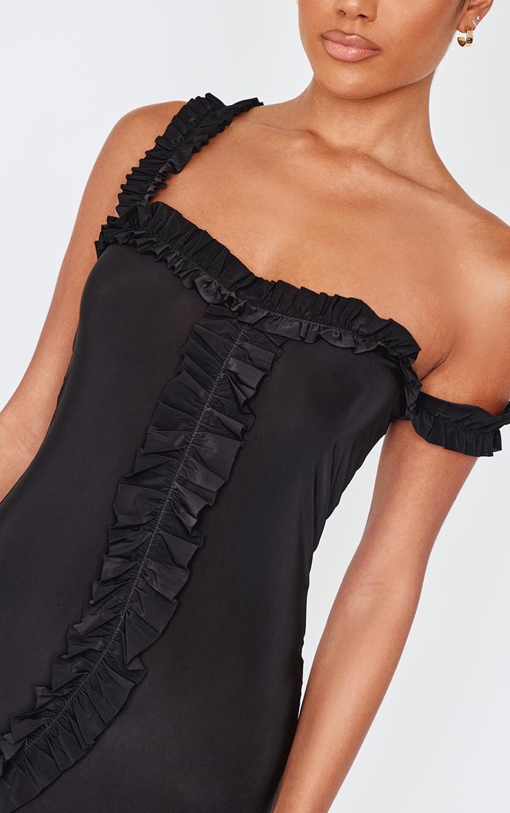 Black Double Layer Slinky Frill Hem Asymmetric Midi Dress Product Image