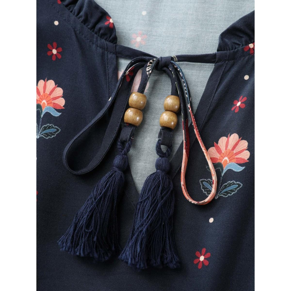 Plus Size Boho Print Neck Tie Maxi Dress DarkBlue Women Boho Flat collar with V-notch Elbow-length sleeve Curvy BloomChic 18-20/2X Product Image