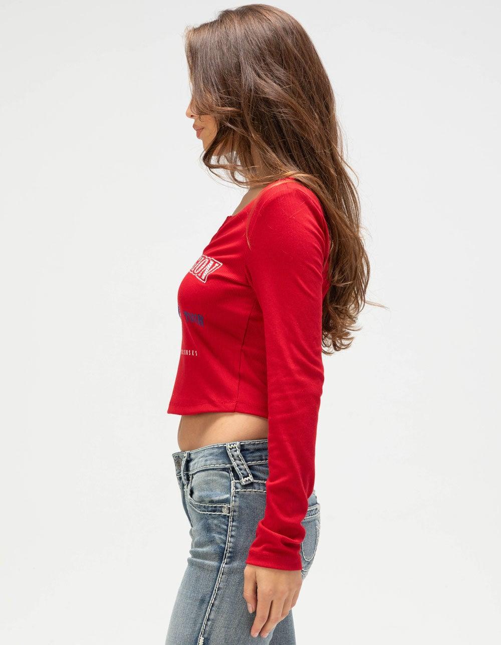 TRUE RELIGION Rhinestone V Notch Womens Long Sleeve Tee - RED Product Image