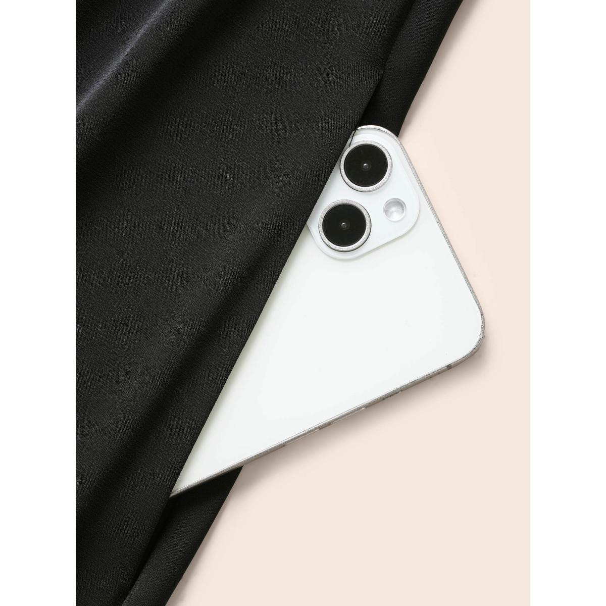 Plus Size Crochet Floral Overlap Collar Shirred Dress Black Women Elegant Woven ribbon&lace trim Overlap Collar Short sleeve Curvy BloomChic 14-16/1X Product Image