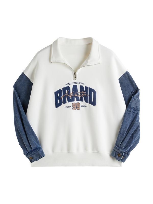 Denim Splice Letter Print Lapel Neck Oversized Hoodie Product Image