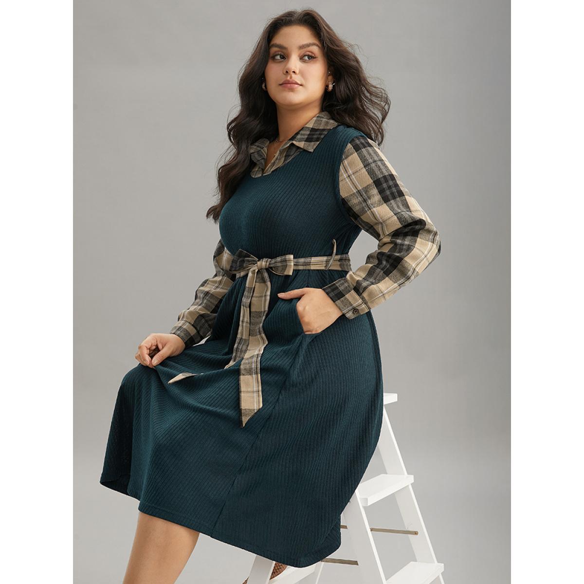 Plus Size Plaid Patchwork Rib Knit Shirt Collar Belted Dress DarkGreen Women Office Printed Shirt collar Long Sleeve Curvy Midi Dress BloomChic 14-16/1X Product Image