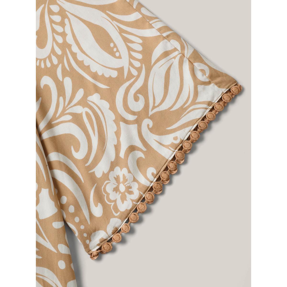 Plus Size Paisley Print Notched Collar Lace Midi Dress LightBrown Women Flat collar with V-notch Elbow-length sleeve Curvy BloomChic 22-24/3X Product Image