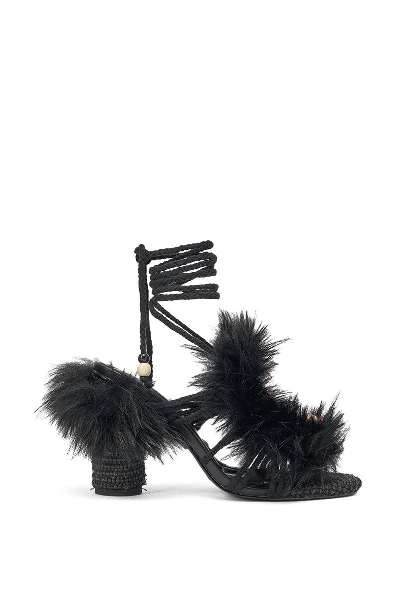 AKIRA GOLD UMIKA BLACK FUR BLOCK SANDAL Product Image