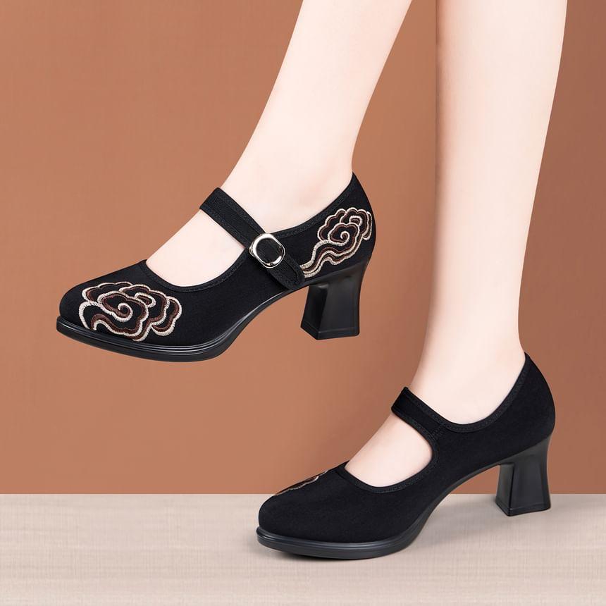 Platform Embroidered Mary Jane Pumps Product Image