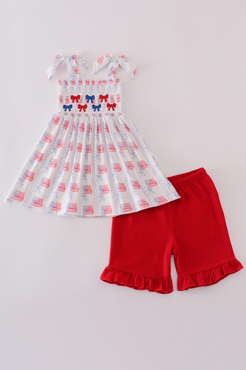 Bow embroidery smocked shorts set Product Image