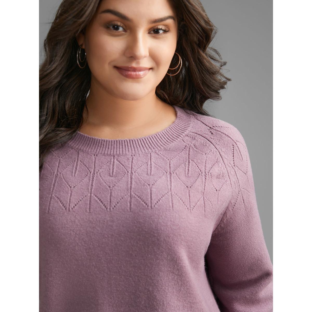 Plus Size Supersoft Essentials Solid Pointelle Knit Pullover Lilac Women Casual Loose Long Sleeve Round Neck Everyday Pullovers BloomChic 28/5X Product Image