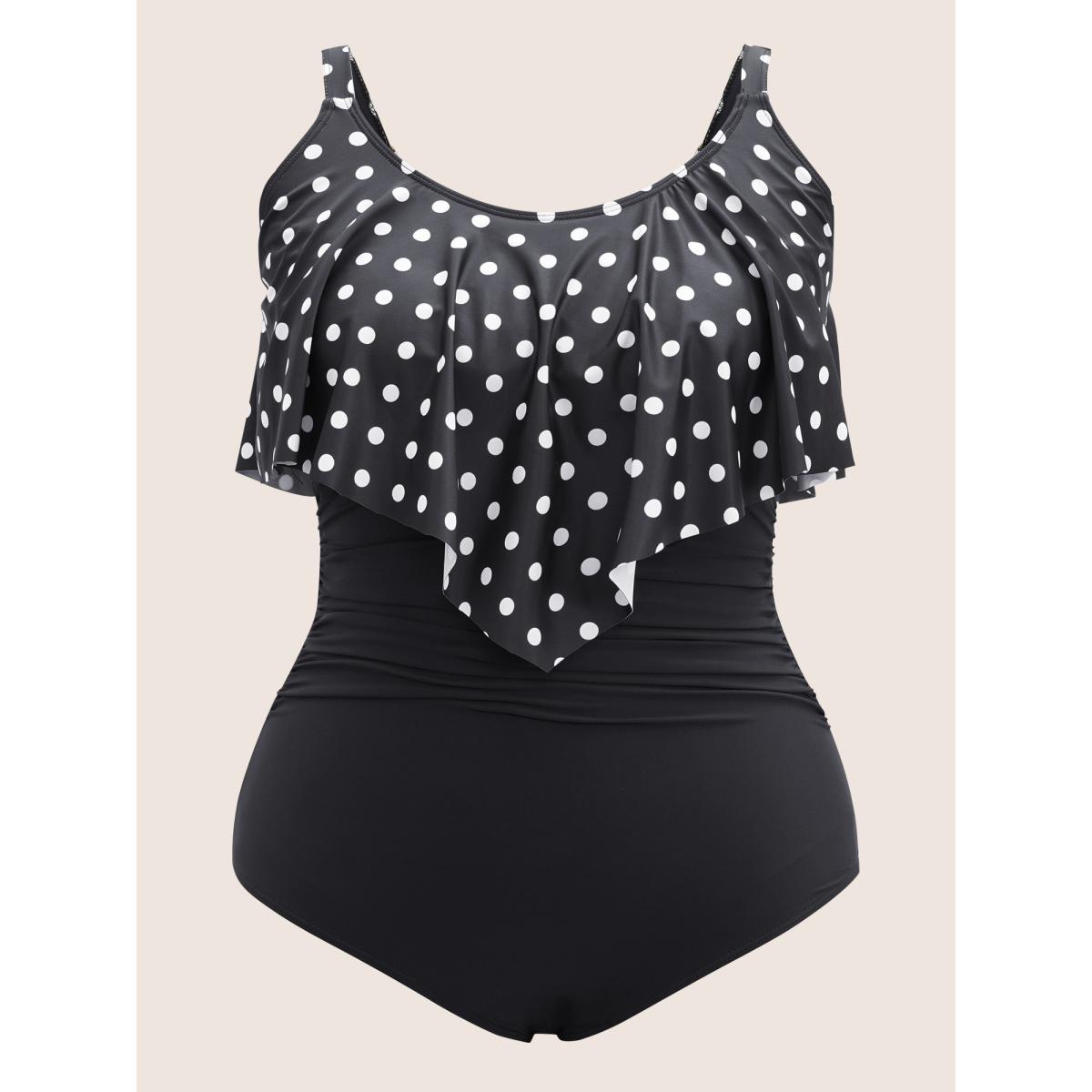 Plus Size Polka Dot Patchwork Ruffles Gathered One Piece Swimsuit Women's Swimwear Black Beach Non Curve Bathing Suits High stretch One Pieces BloomChic 26/4X Product Image