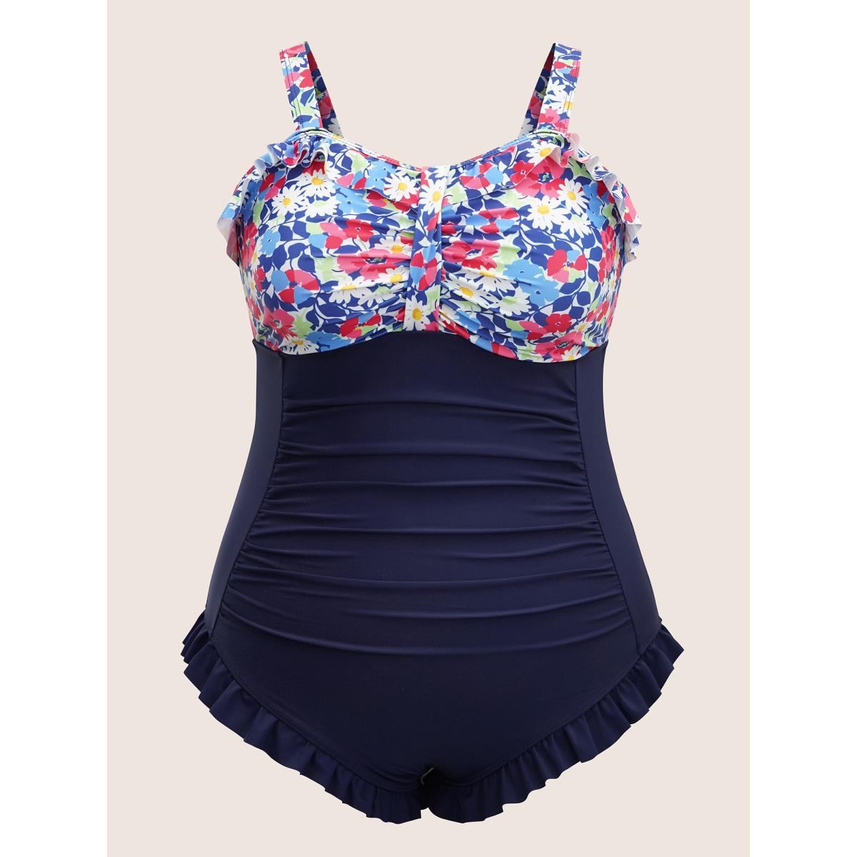 Plus Size Ditsy Floral Patchwork Ruffles Gathered One Piece Swimsuit Women's Swimwear Midnight Beach Non Curve Bathing Suits High stretch One Pieces BloomChic 28/5X Product Image