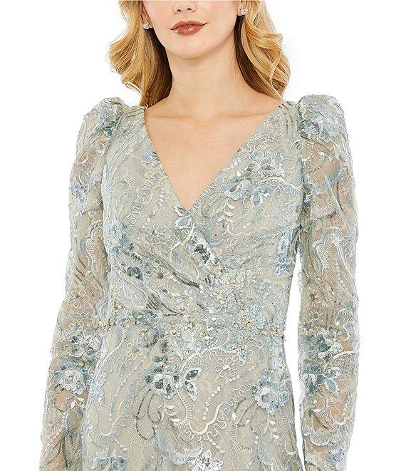 Mac Duggal Illusion Embroidered Lace V-Neck Long Puff Sleeve Trumpet Gown Product Image