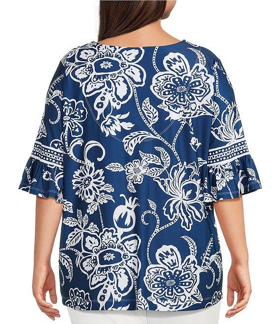 Ali Miles Plus Size Floral U-Shaped Neck Elbow Sleeve Tunic Product Image