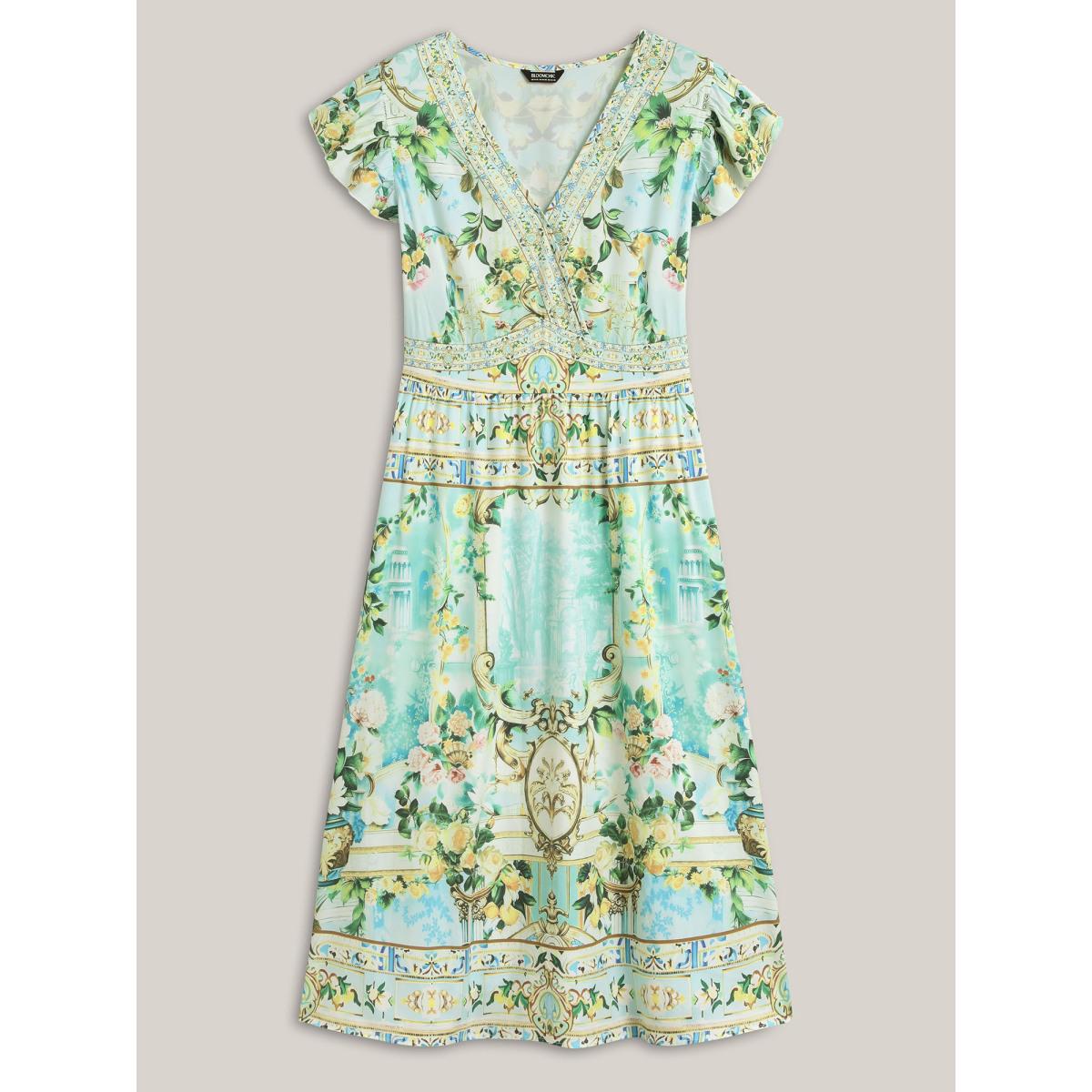 Plus Size Breezy Print Surplice Neck Ruffled Midi Dress Malachitegreen Women Overlap Collar Cap Sleeve Curvy BloomChic 18-20/2X Product Image