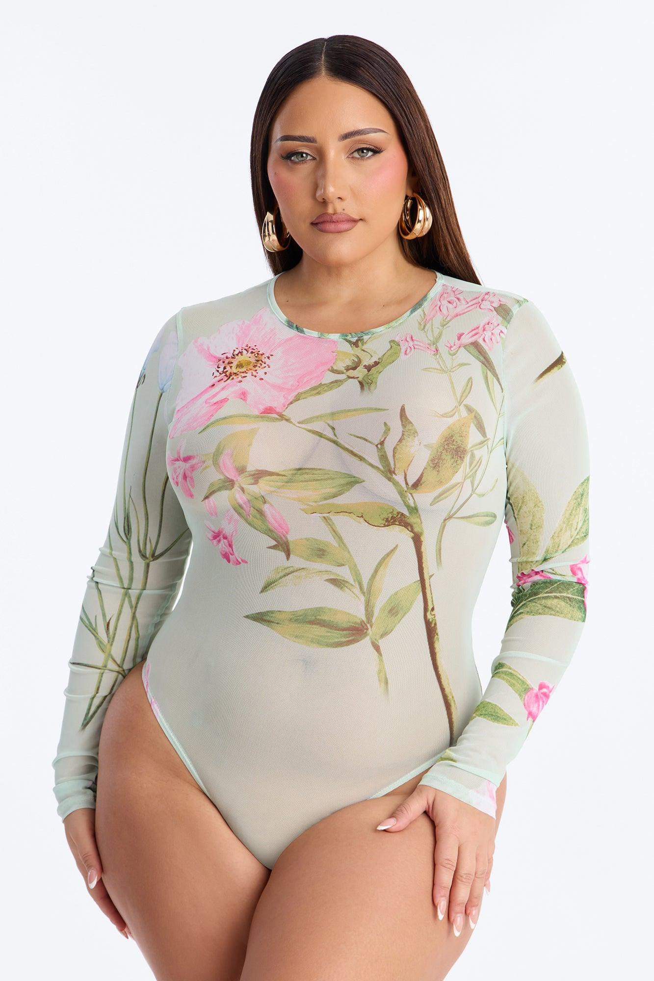 Lover's Garden Mesh Long Sleeve Bodysuit - Mint/combo Female Product Image