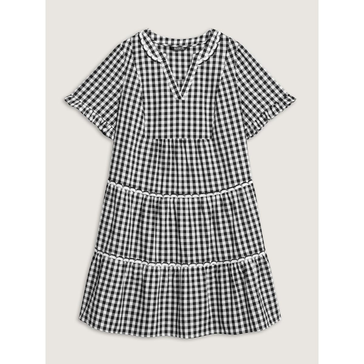 Plus Size Checkered Lace Trim Tiered Midi Dress Black Women Woven ribbon&lace trim Flat collar with V-notch Short sleeve Curvy BloomChic 18-20/2X Product Image