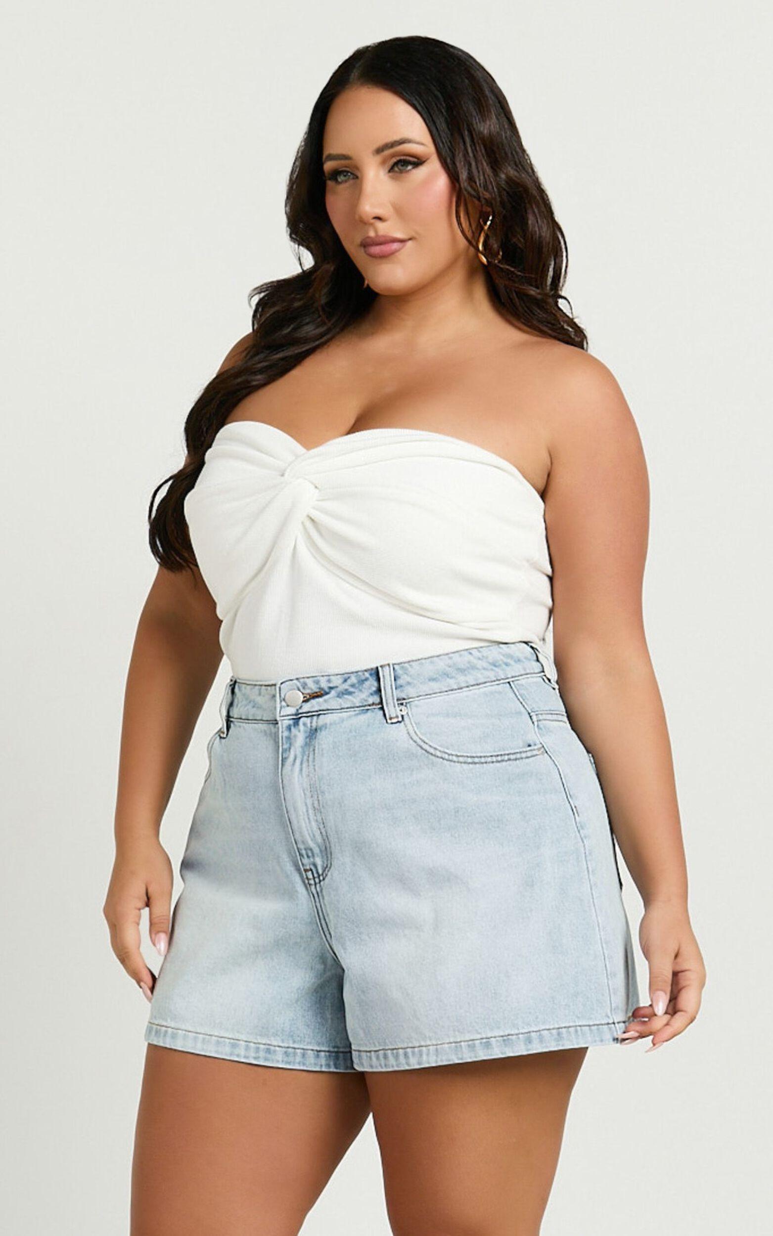 Seville Shorts - High Waisted Recycled Denim Shorts in Light Blue Wash Product Image