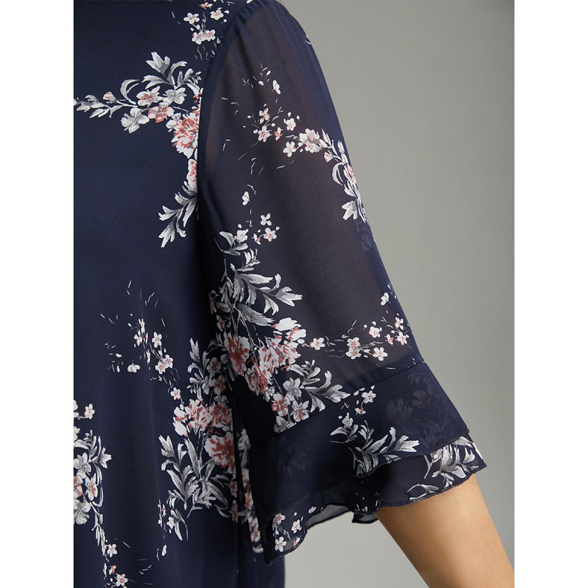 Plus Size Indigo Floral Chiffon Ruffle Sleeve Mesh Patchwork Blouse Women Elegant Elbow-length sleeve Round Neck Everyday Blouses BloomChic 10/M Product Image