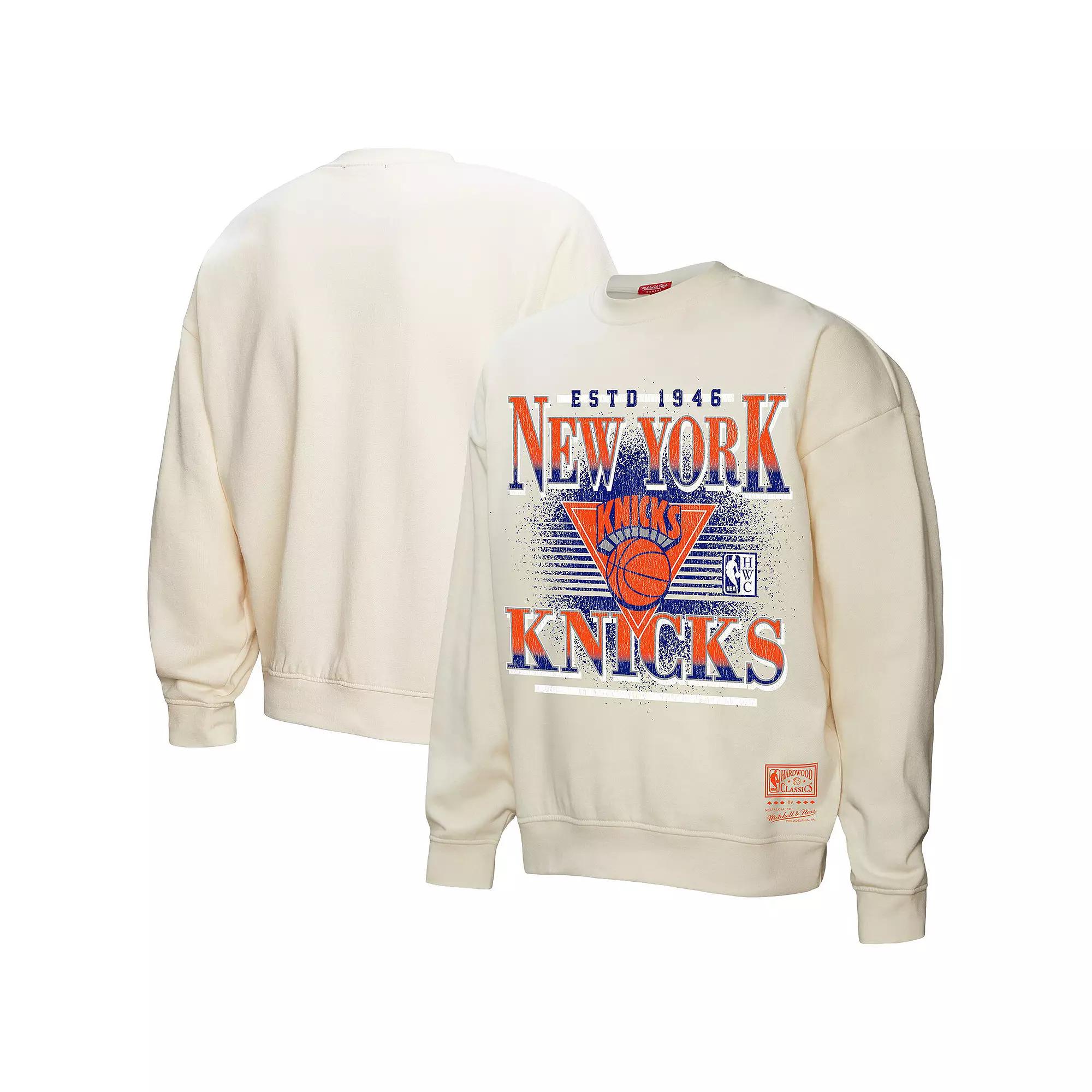 Women's Mitchell & Ness Cream New York Knicks Oversprayed Pullover Sweatshirt,  Product Image