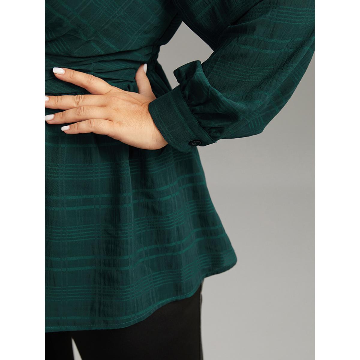 Plus Size DarkGreen Plaid Wrap Ruched Lantern Sleeve Blouse Women Office Long Sleeve V-neck Office Blouses BloomChic 28/5X Product Image