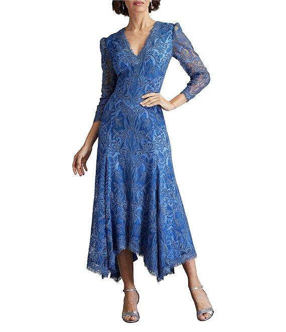 Tadashi Shoji Embroidered Corded Lace V-Neck 3/4 Sleeve High Low Midi Dress Product Image