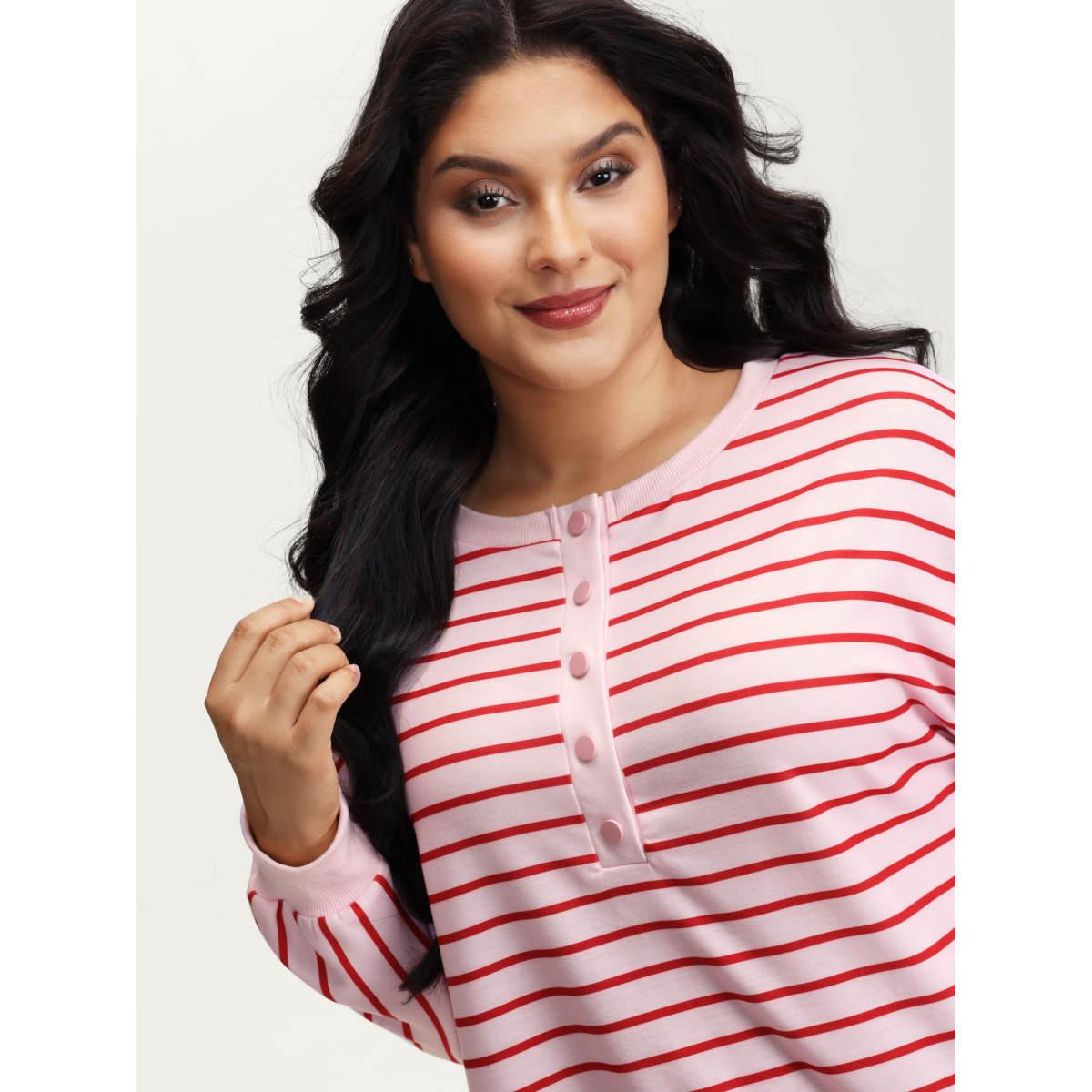 Plus Size Stripe Snap Button Round Neck Sweatshirt Women MistyRose Leisure Round Neck Casual Sweatshirts BloomChic 30/6X Product Image
