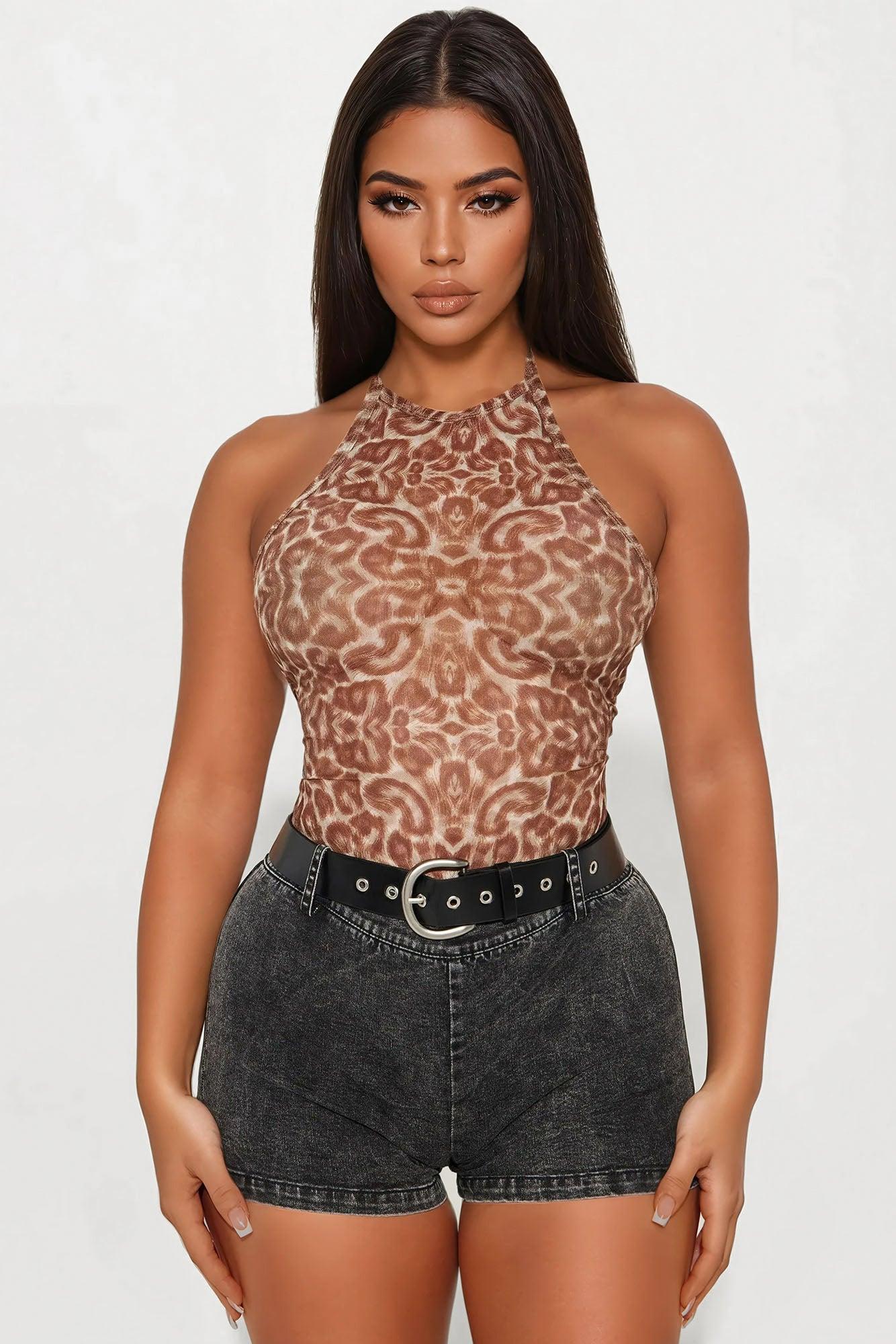 Alana Denim Halter Romper - Brown/combo Product Image