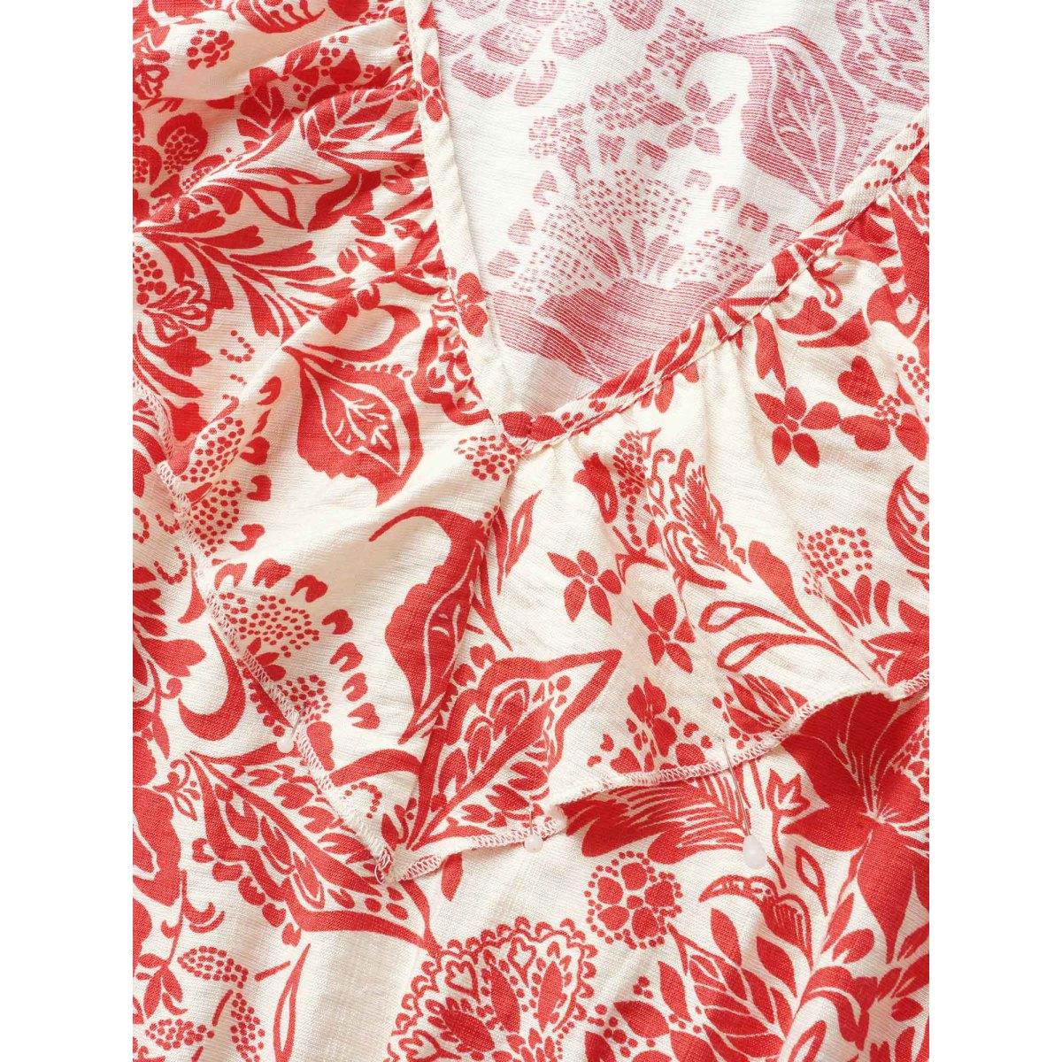 Plus Size Floral Lantern Sleeve Ruffle Trim Dress Crimson Women Elegant Ruffles V-neck Long Sleeve Curvy BloomChic 22-24/3X Product Image