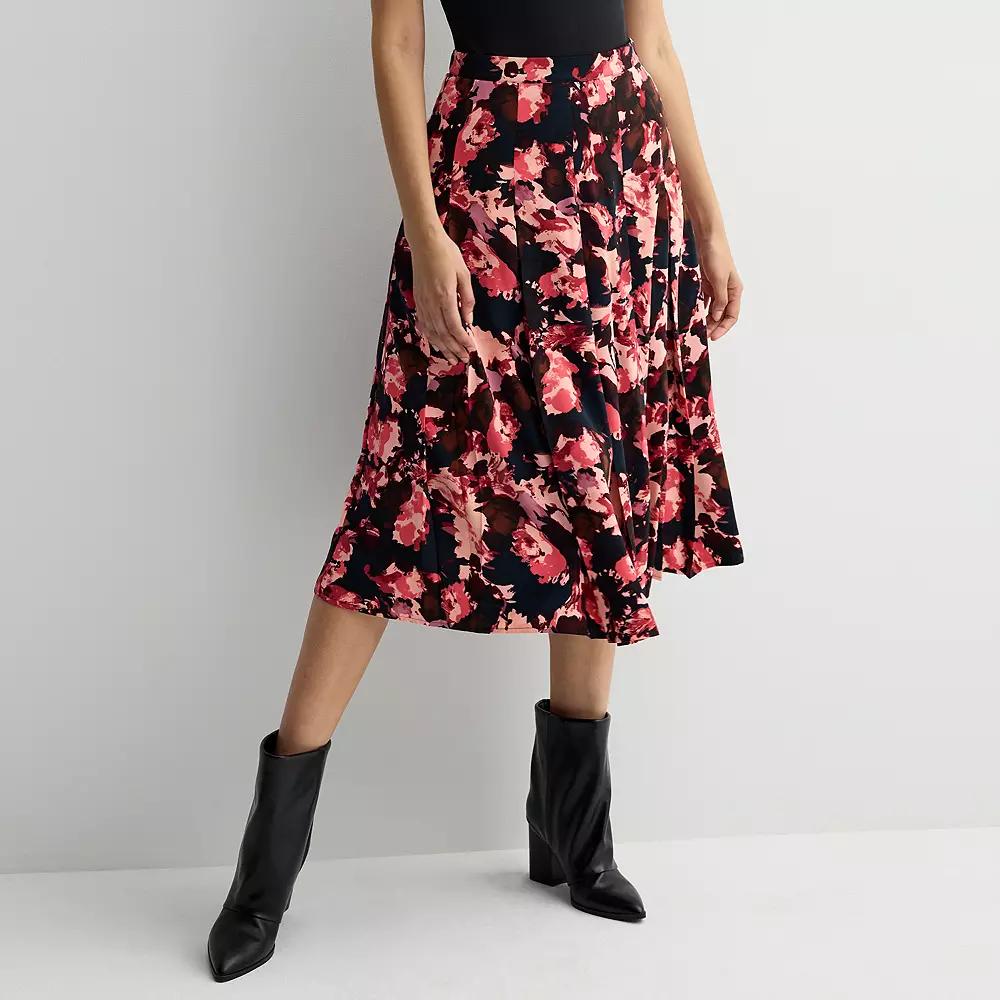 Womens Nine West Pleated Crepe Midi Skirt Pink Abstract Flora Product Image
