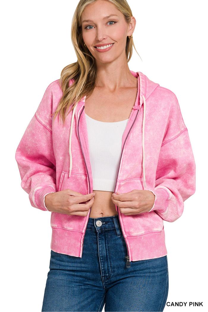 Acid wash fleece cropped zip-up hoodie w pockets Product Image